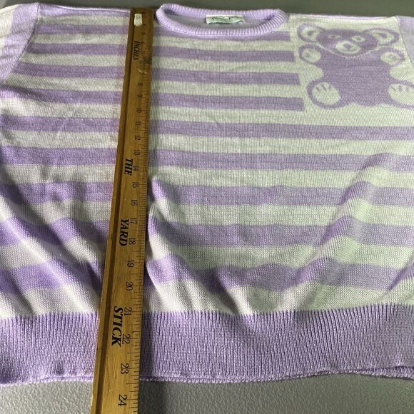 Vintage GLAMOUR KNIT Sweater Teddy Bear Purple Striped Retro 1970s Womens M L - Picture 6 of 6
